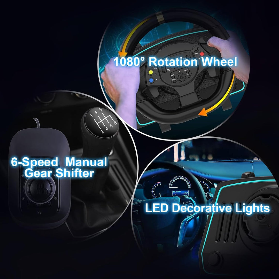 NBCP 1080° PC Lenkrad mit Pedalen und Shifter,Hall-Metallpedal,6+1 Schaltknüppel,Gaming Lenkrad Mehr