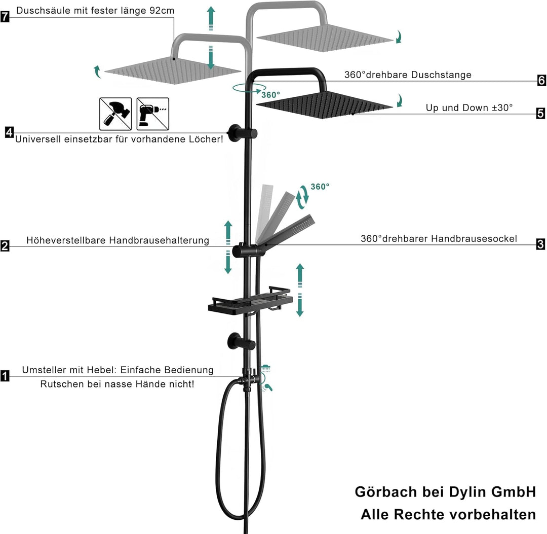Görbach Regendusche Duschsystem mit Ablage,Wassersparend,Edelstahl Duschset ohne Armatur mit Eckig K