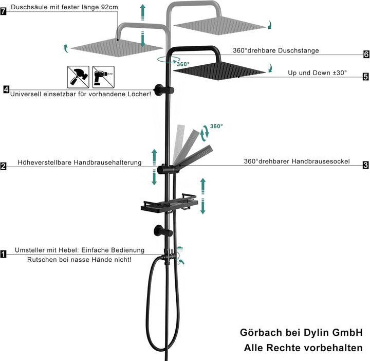 Görbach Regendusche Duschsystem mit Ablage,Wassersparend,Edelstahl Duschset ohne Armatur mit Eckig K