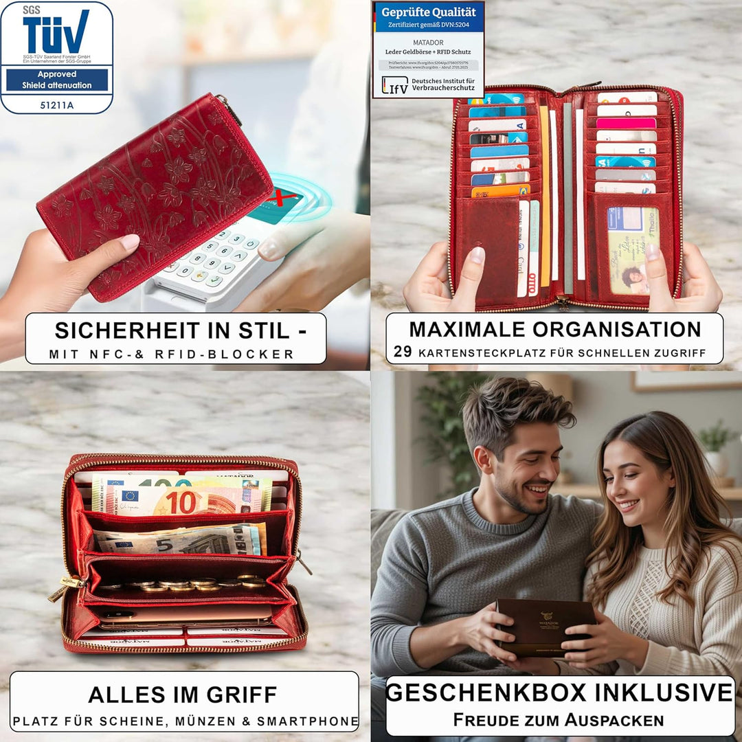 MATADOR Geldbörse Damen XXL Gross Leder Geldbeutel Doppelter Reissverschluss TÜV Geprüfter RFID & NF