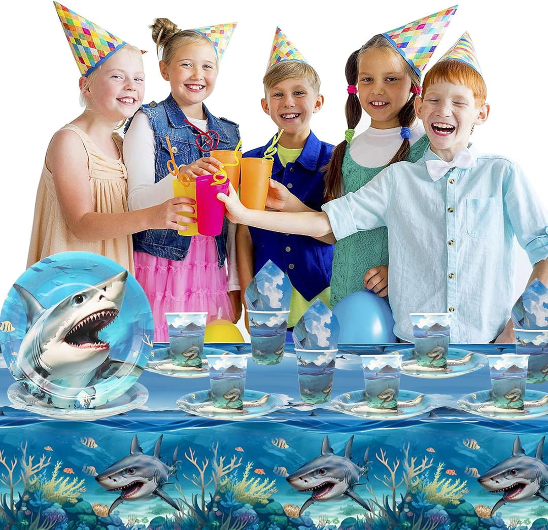 Doyomtoy Unter dem Meer Partybedarf,Hai Geburtstag Party Dekoration 61 Stück Hai Teller Tassen Servi