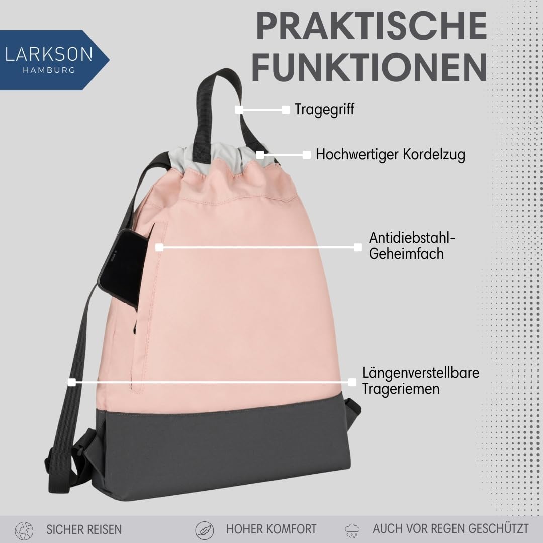 LARKSON Turnbeutel Damen &amp; Herren Rosa Grau - No 7 - Rucksack Damen für Sport und Festival - Beutel