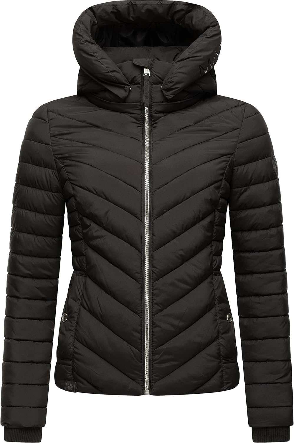 MARIKOO Damen Übergangsjacke leichte Steppjacke kurz mit Abnehmbarer Kapuze Kagomee XS-XXL XL Schwar