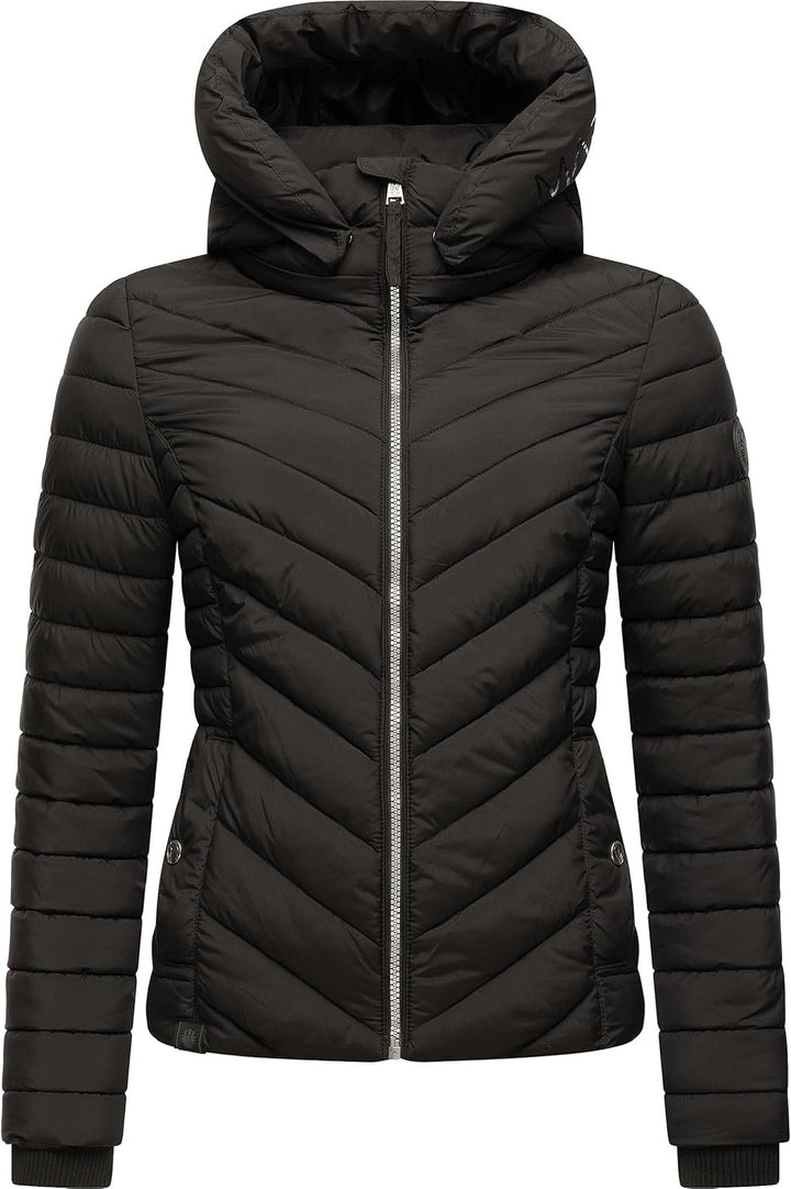 MARIKOO Damen Übergangsjacke leichte Steppjacke kurz mit Abnehmbarer Kapuze Kagomee XS-XXL XL Schwar