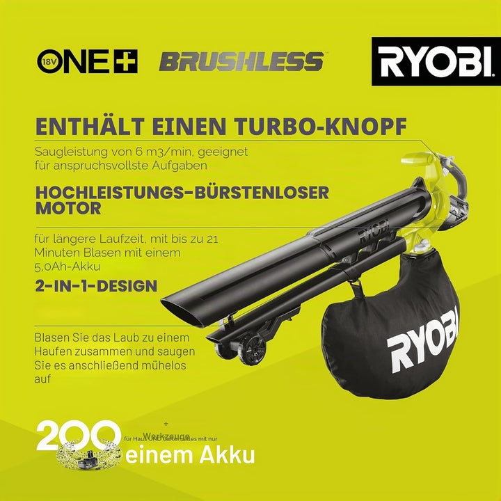 RYOBI 18 V ONE+ Brushless Akku-Laubsauger und Laubgebläse OBV18 (Luftmenge 6,0 m³/min, Luftgeschwind