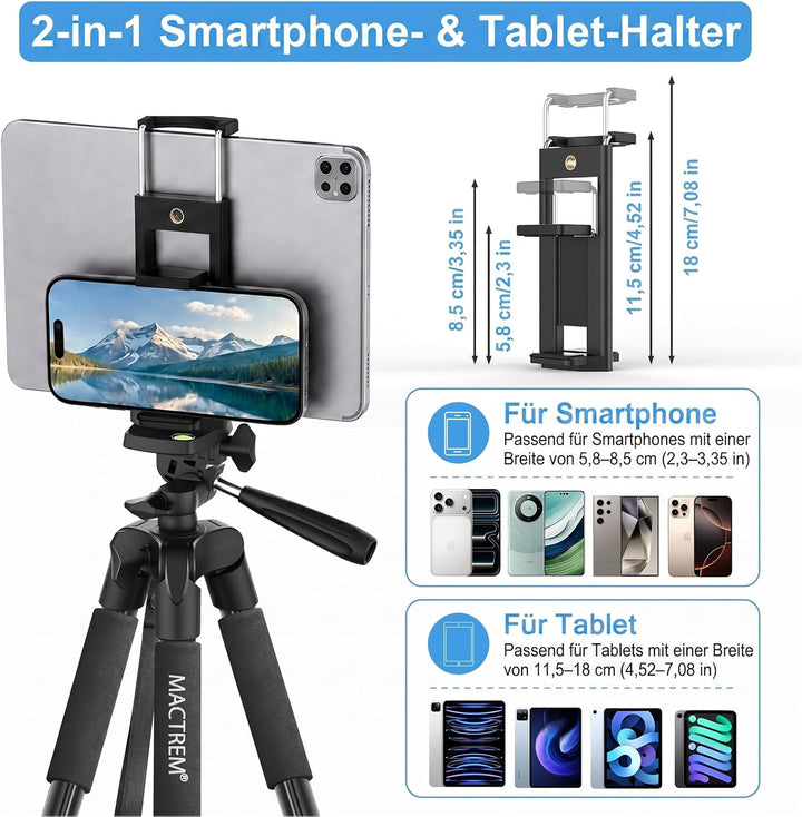 Handy Stativ, 2024 Upgrade 165cm / 65" Kamera Stativ für Smartphone iPad, 360° Drehung Tragbar Tripo