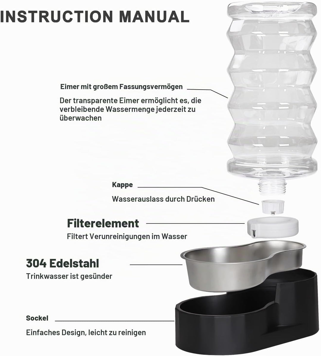 Sfozstra Lagre Schwerkraftspender für Hunde - 8L Schwarz Automatischer Edelstahl Wassernapf Waterer
