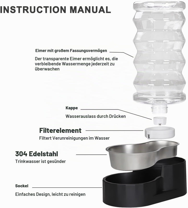 Sfozstra Lagre Schwerkraftspender für Hunde - 8L Schwarz Automatischer Edelstahl Wassernapf Waterer