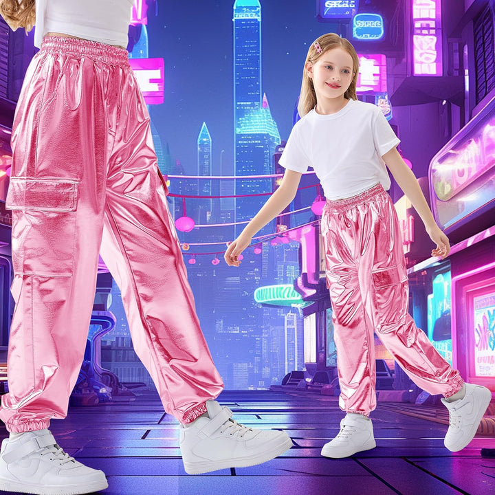 Rolanko Cargo Hosen für Mädchen, Metallische Tanz Hip Hop Hosen für Kinder Mit Elastischem Bund, Ret