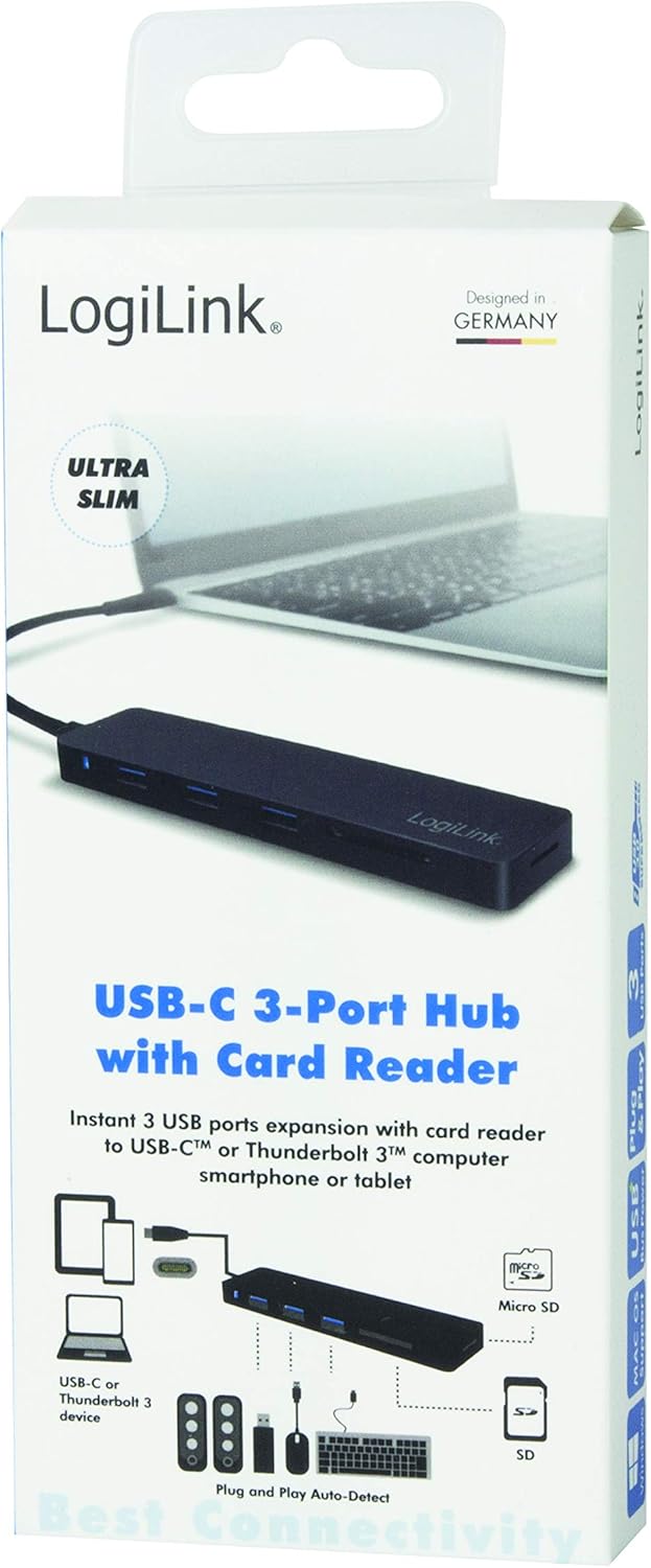 LogiLink UA0312 Slim USB 3.1/3.0 Hub und Cardreader für PC/Laptop Schwarz USB 3.1 3-Port + Cardreade