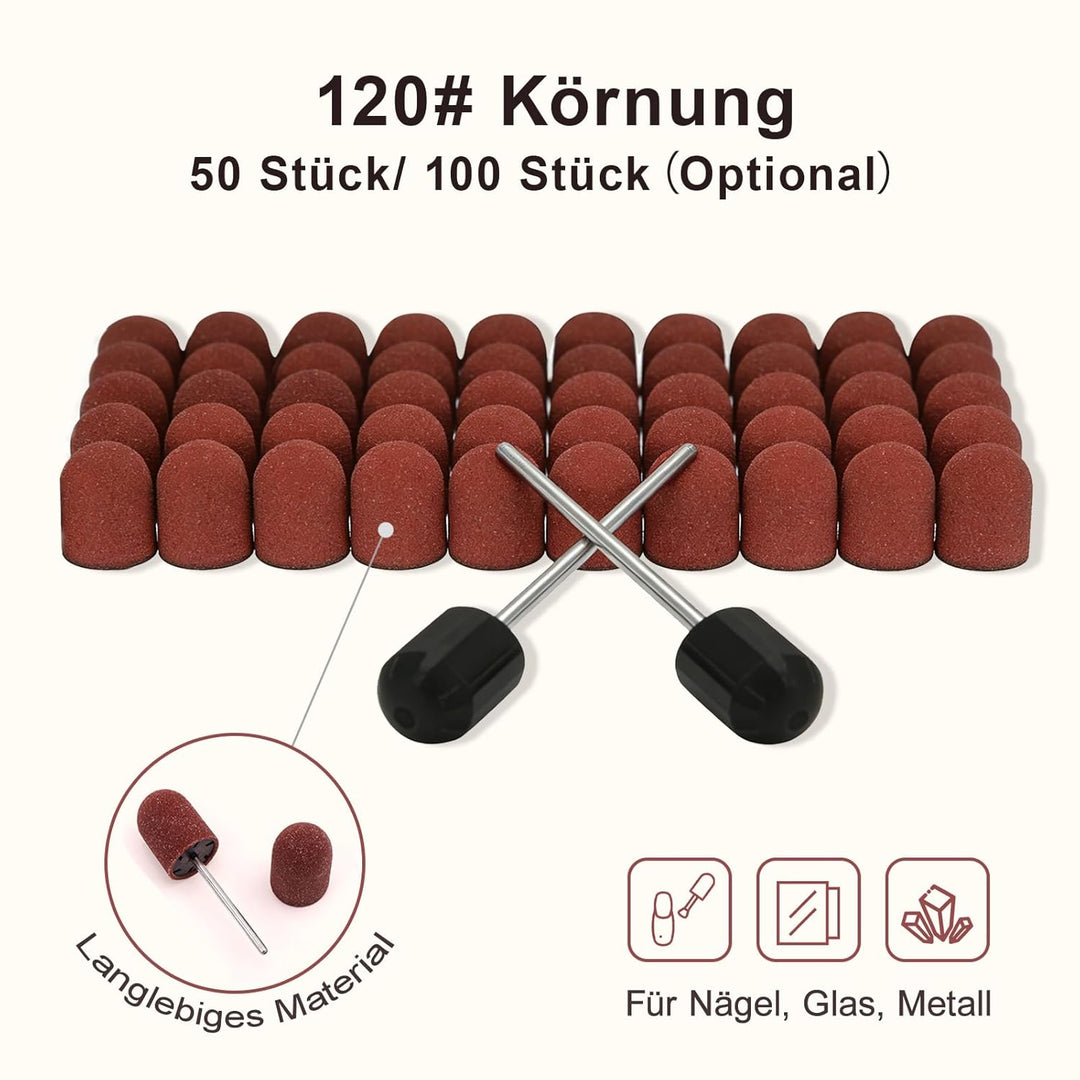 120# Körnung Schleifkappen Set für Nagelbohrer, 50 Stück Maniküre Schleifbänder mit Schaft, Langlebi