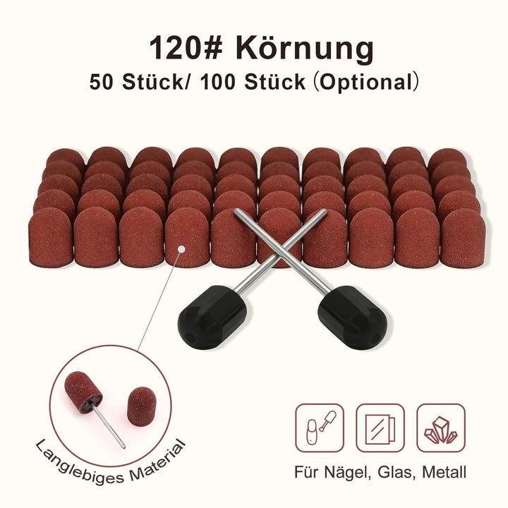 120# Körnung Schleifkappen Set für Nagelbohrer, 50 Stück Maniküre Schleifbänder mit Schaft, Langlebi
