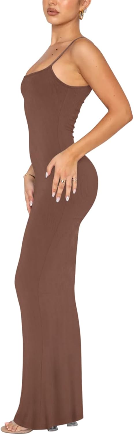 REORIA Damen Sexy Lounge Slip Langes Kleid Elegantes Hochzeitsgast ärmelloses rückenfreies Geripptes