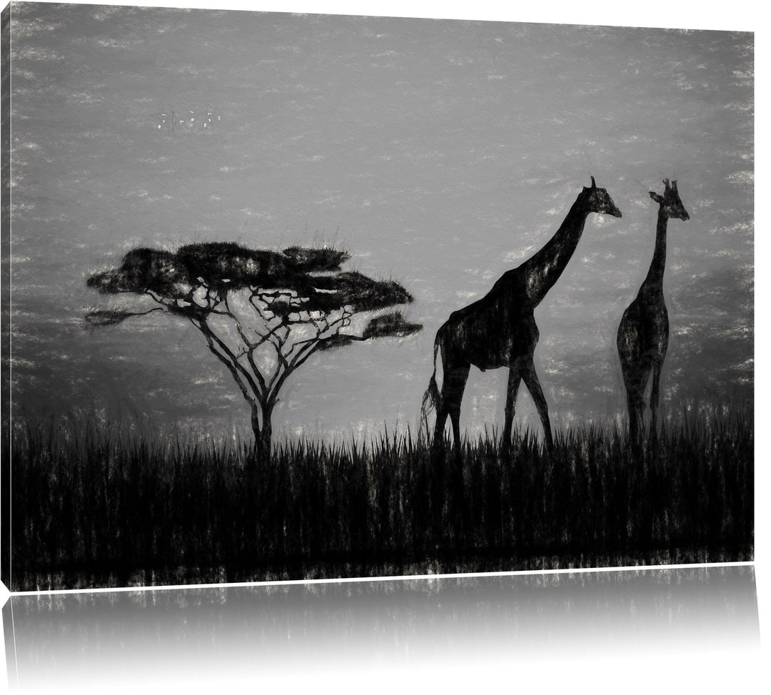 Pixxprint Giraffen im Sonnenuntergang als Leinwandbild/Grösse: 100x70 cm/Wandbild/Kunstdruck/fertig