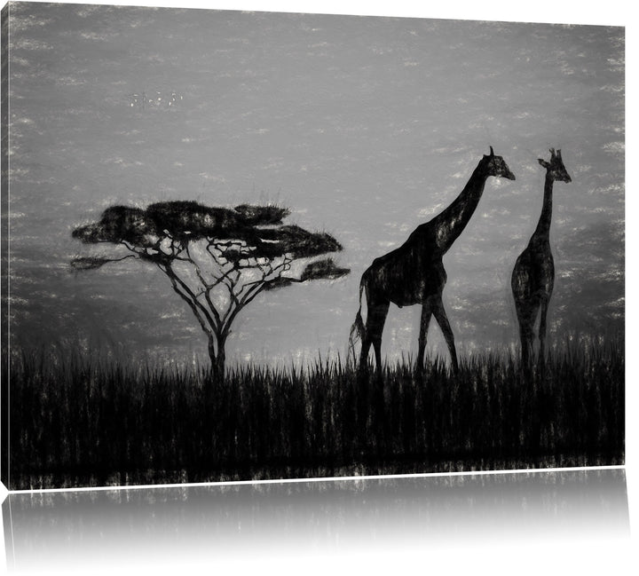 Pixxprint Giraffen im Sonnenuntergang als Leinwandbild/Grösse: 100x70 cm/Wandbild/Kunstdruck/fertig