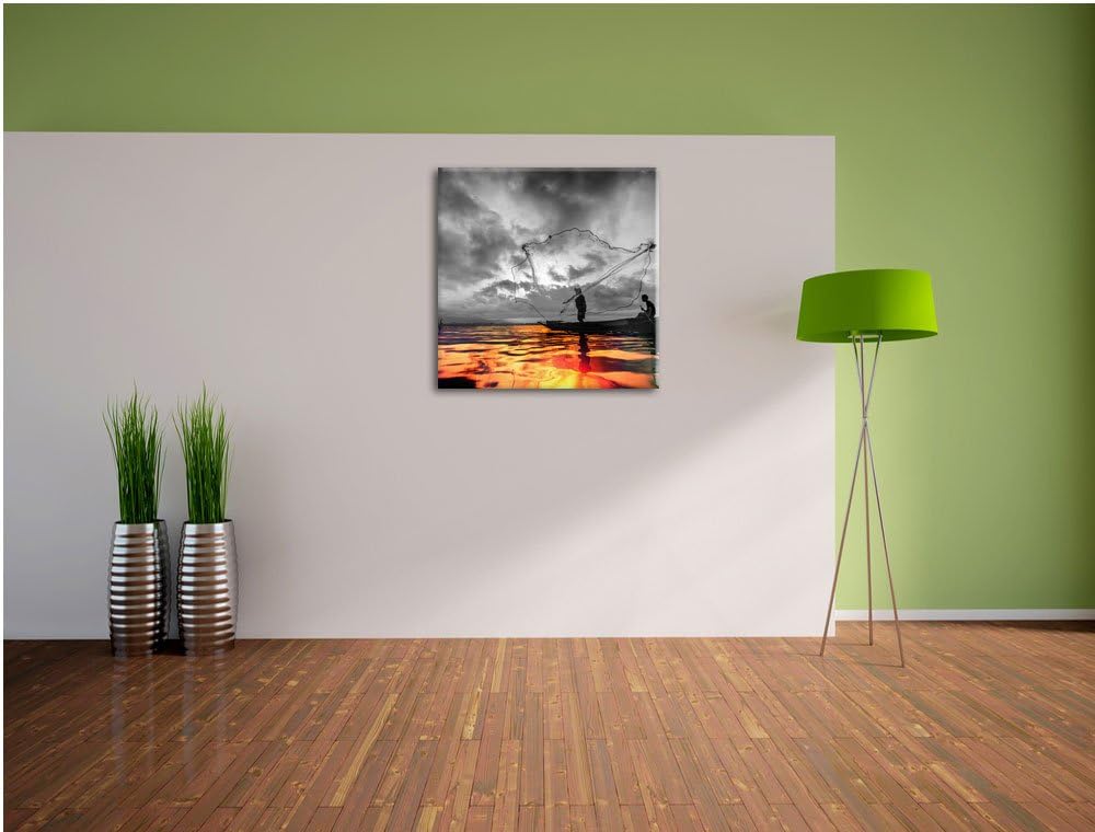 Pixxprint Angler mit grossem Fangnetz als Leinwandbild/Grösse: 70x70 cm/Wandbild/Kunstdruck/fertig b
