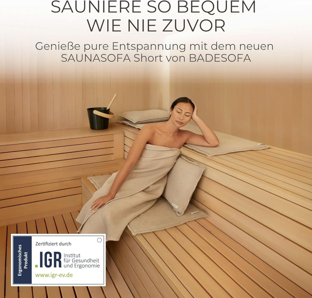 SAUNASOFA Set Short – 2-Sitzer Sauna-Auflage mit Kissen – Saunamatte für Infrarot-Kabine & klassisch
