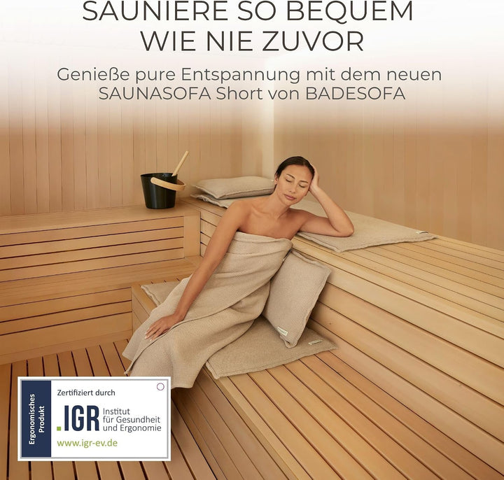 SAUNASOFA Set Short – 2-Sitzer Sauna-Auflage mit Kissen – Saunamatte für Infrarot-Kabine &amp; klassisch