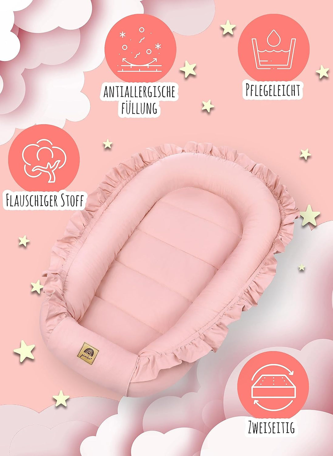 PIMKO Babynest mit rüschen Babynestchen für Baby Kuschelnest Babykokon für Säuglinge und Neugeborene