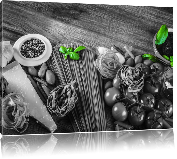 Pasta mit frischen Gewürzen schwarz/weiss Format: 100x70 auf Leinwand, XXL riesige Bilder fertig ger