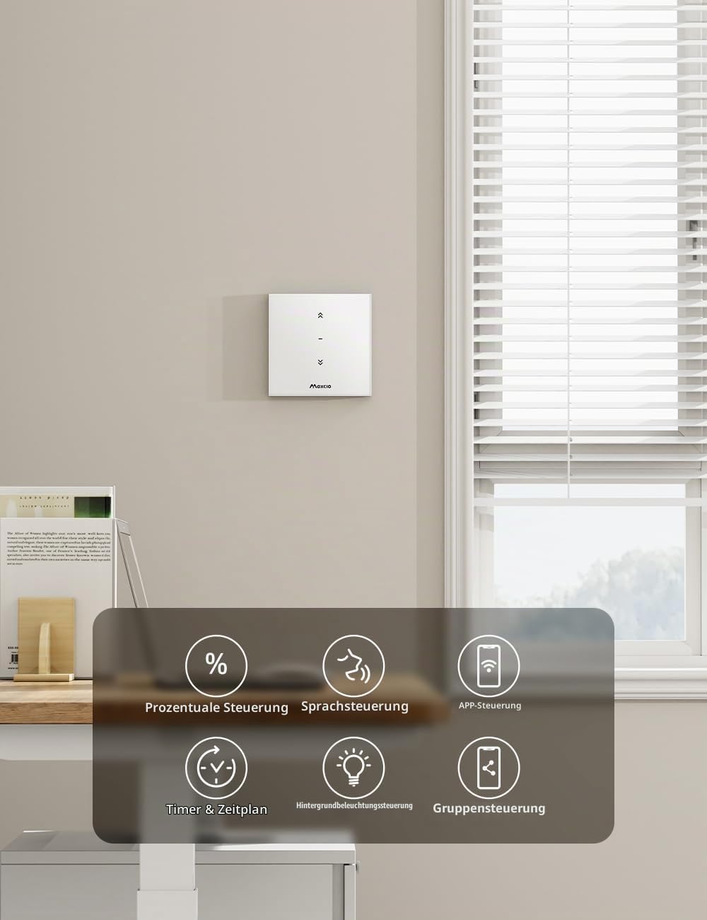 Maxcio Wlan Rolladenschalter mit Prozentfunktion, 80 x 80mm Smart Rolladensteuerung, Kompatibel mit
