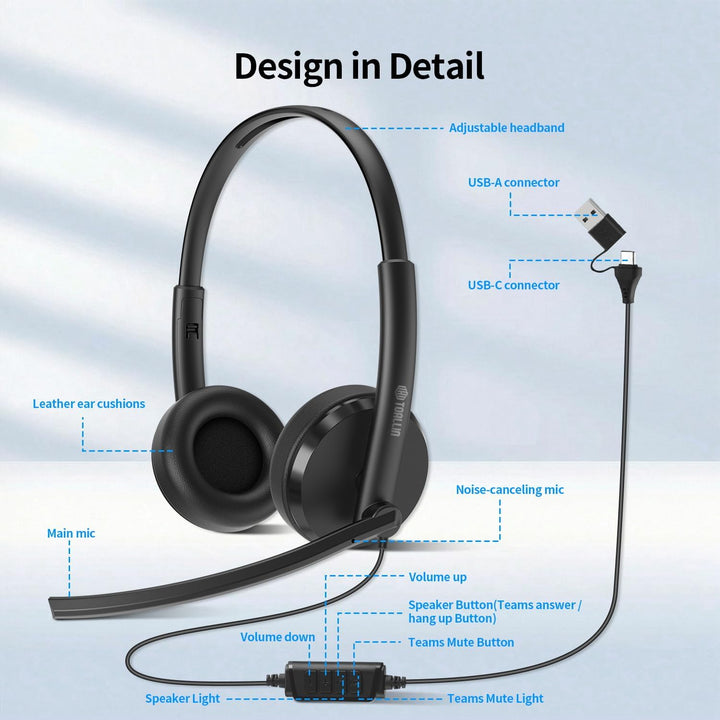 TOALLIN Kabelgebundenes USB-Headset mit Noise-Cancelling-Mikrofon | Stereo-Kopfhörer, Lautstärkeregl