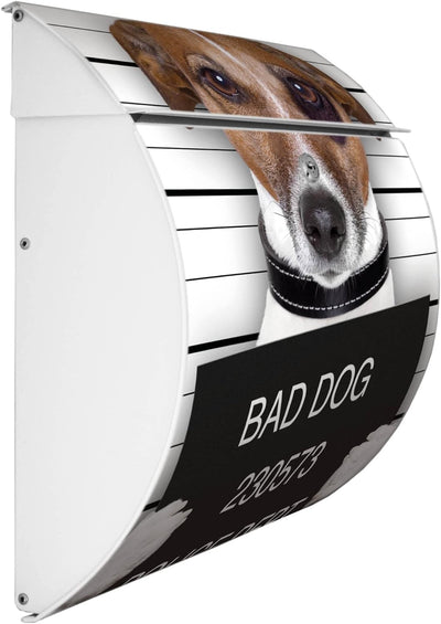 banjado® Burgwächter® Briefkasten weiss aus Stahl mit Motiv Bad Dog J. Russel/Briefkasten ohne Zeitu