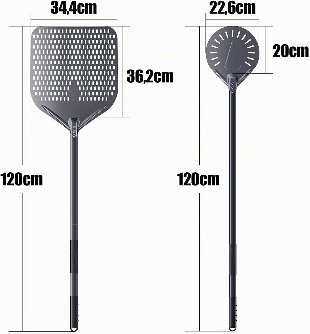 2er Set Pizzazubehör 14 Zoll / 35cm perforierter Schieber &amp; 9 Zoll / 23cm Pizzaheber - Mit 120cm lan