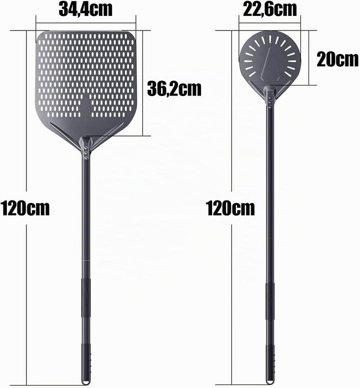 2er Set Pizzazubehör 14 Zoll / 35cm perforierter Schieber &amp; 9 Zoll / 23cm Pizzaheber - Mit 120cm lan