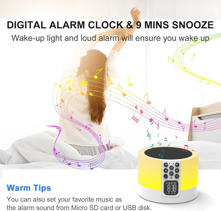 Bluetooth Lautsprecher mit Licht und Digital Wecker, White Noise Machine, Touch Dimmbares Nachtlicht