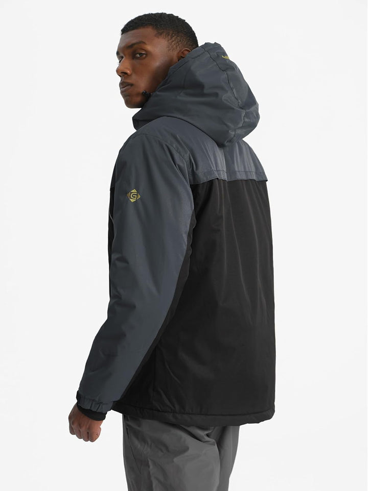GEMYSE Herren Wasserdichte Skijacke Winddichte Fleece Outdoor Winterjacke mit Kapuze S Schwarzgrau,