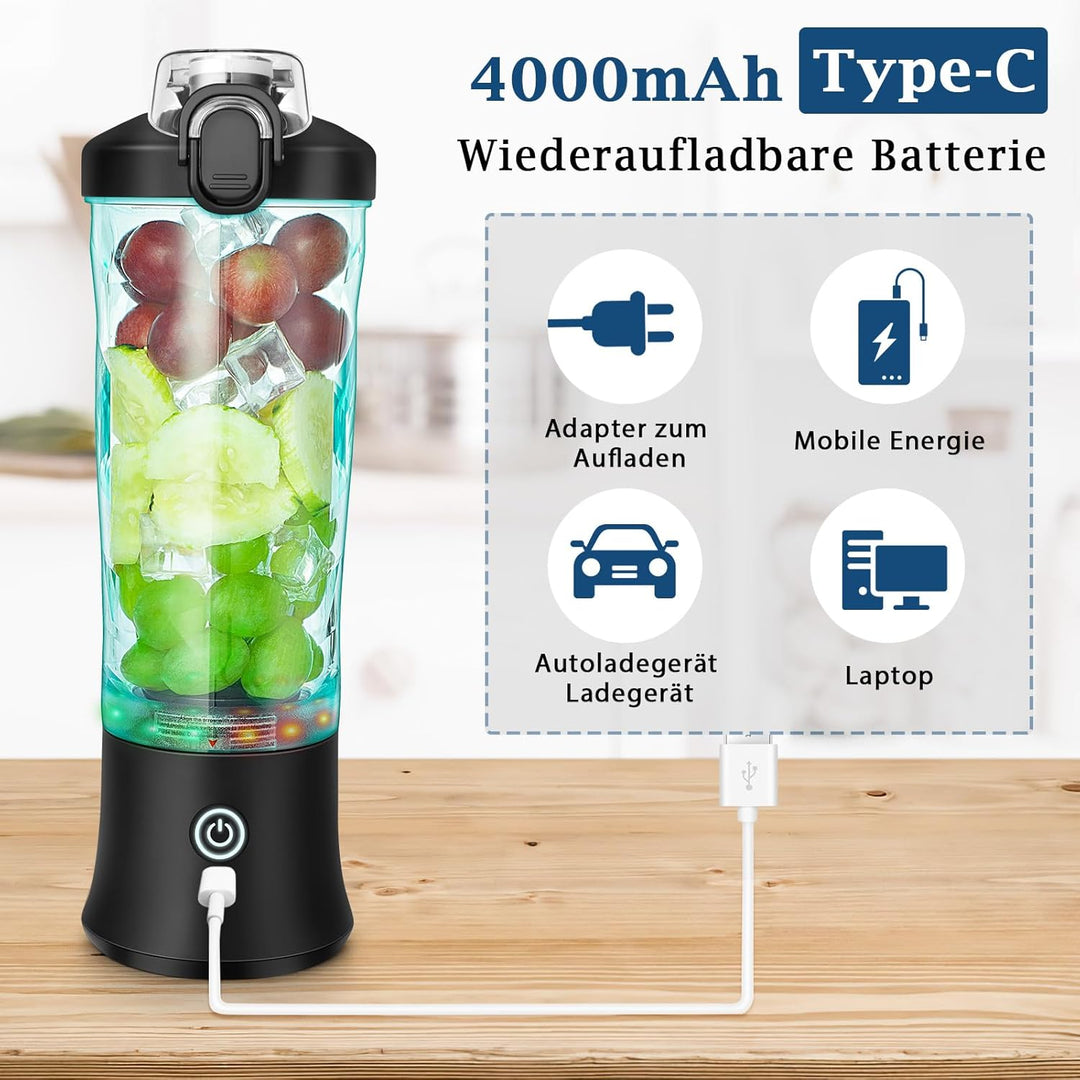 Rainpal Tragbarer Mixer/Mini Standmixer, 600mL USB Wiederaufladbarer Blender mit Becherdeckel, 6 Kli