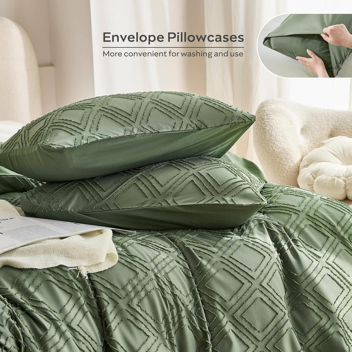 JELLYMONI Grünes Bettbezug-Set, Queen-Size-Grösse, Mikrofaser, getuftet, Boho-Struktur, Jacquard-Rau