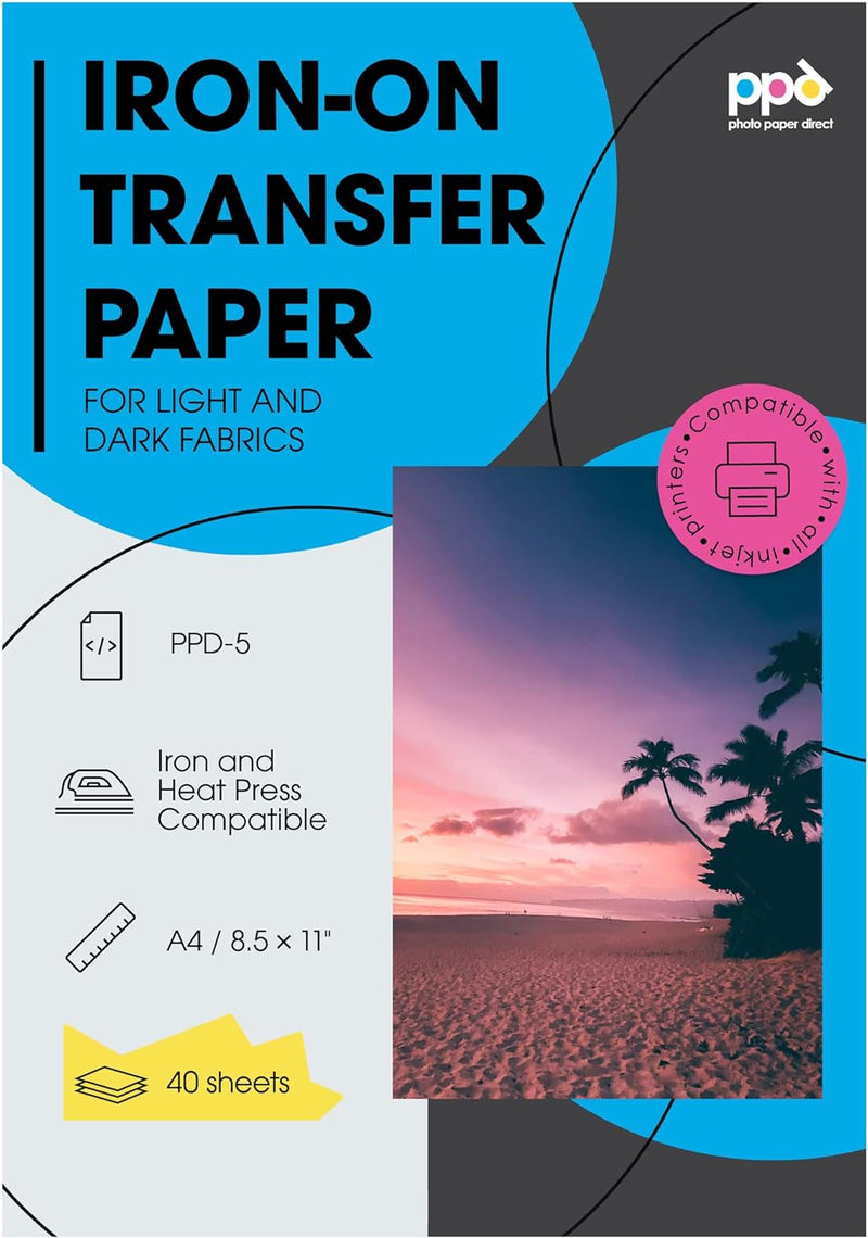 PPD 40 x A4 Inkjet Premium Transferpapier Hell/Dunkel, für Bügeleisen und Transferpresse PPD-5-40