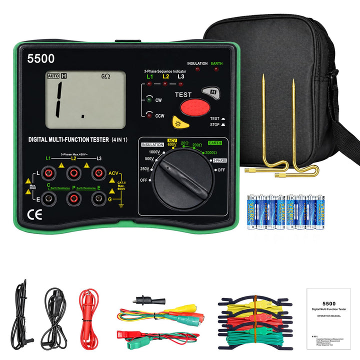 Erdungswiderstandsmessgerät, 20GΩ Megaohmmeter Voltmeter 4in1 Multimeter | Phasenfolgeprüfer, Erdung