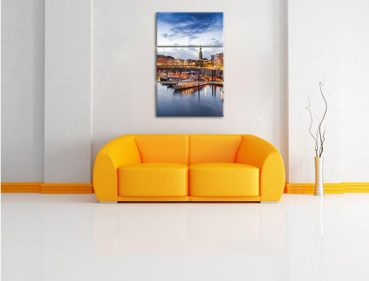 Pixxprint Hamburger Hafen am Abend als Leinwandbild - Grösse: 3-Teilig (120x80cm) - Wandbild - Kunst