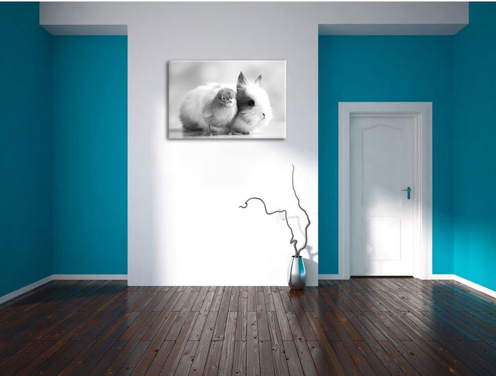 Pixxprint Küken mit Häschen / 100x70cm Leinwandbild bespannt auf Holzrahmen/Wandbild Kunstdruck Deko