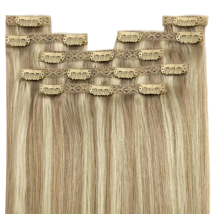 YoungSee Clip in Extensions Echthaar Blond Gesträhnt 40 cm 120g 7 Stück Extensions Echthaar Clip Gol