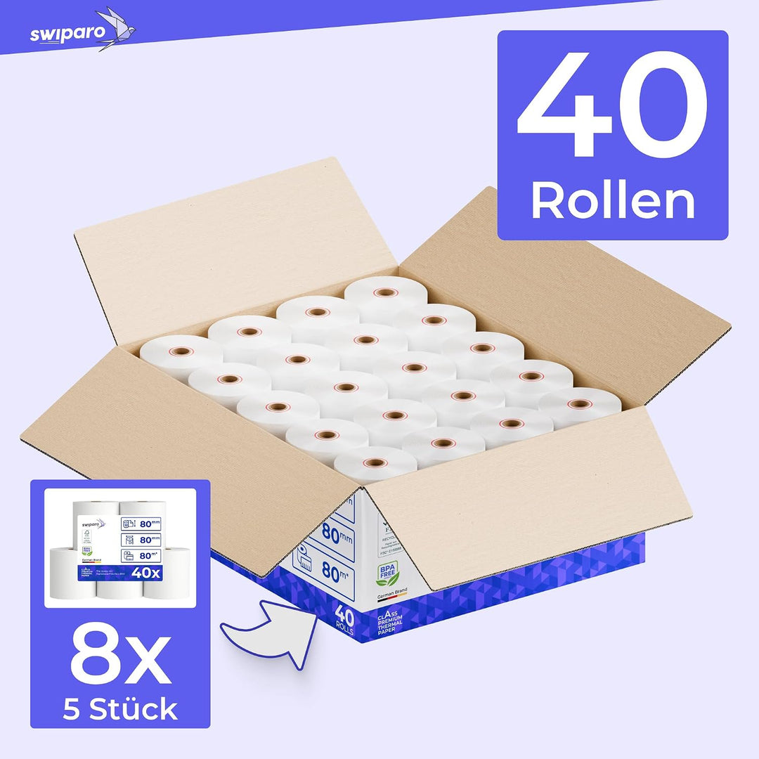 SWIPARO - Thermorollen 80mm x 80m x 12mm - Kassenrollen - Bonrollen zertifiziert für Registrierkasse