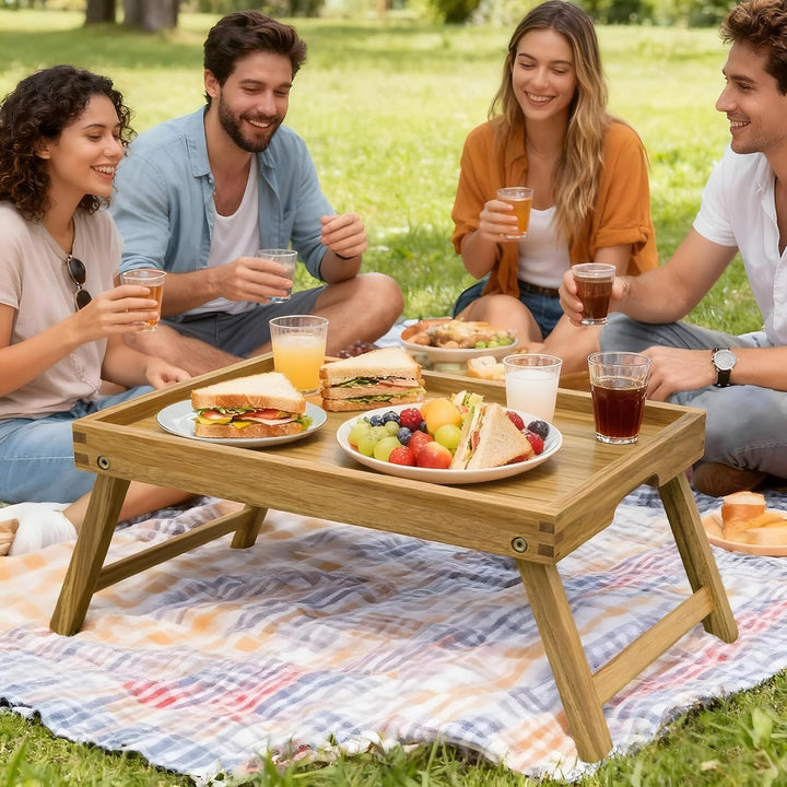 VaeFae Acacia Bed Table Tray, Frühstückstablett aus Holz mit klappbaren Beinen, Betttablett für Esse