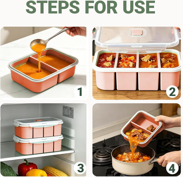 3 Stück Souper Cubes-Set Silikon Gefrierform mit Deckel, 2/4/6 Löcher Einfrieren Behälter, Meal Prep