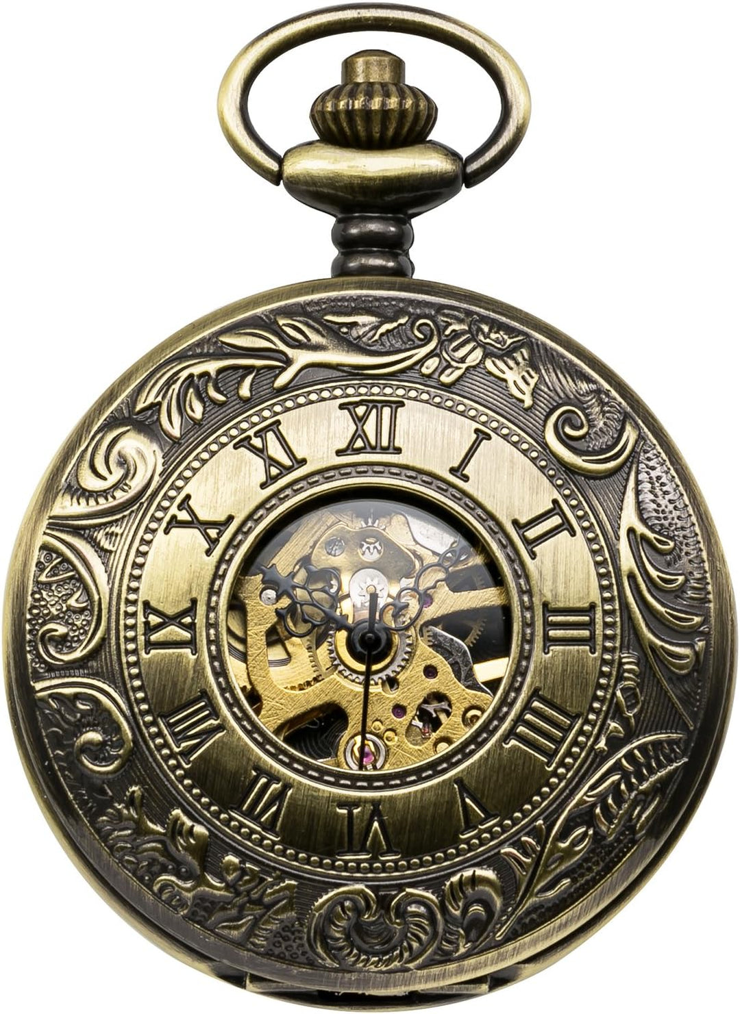 TREEWETO Unisex Taschenuhr mit Kette Analog Handaufzug Doppelscharnier Römische Ziffern Gold/Silber