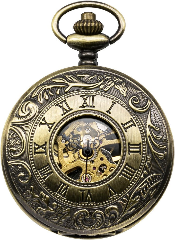 TREEWETO Unisex Taschenuhr mit Kette Analog Handaufzug Doppelscharnier Römische Ziffern Gold/Silber