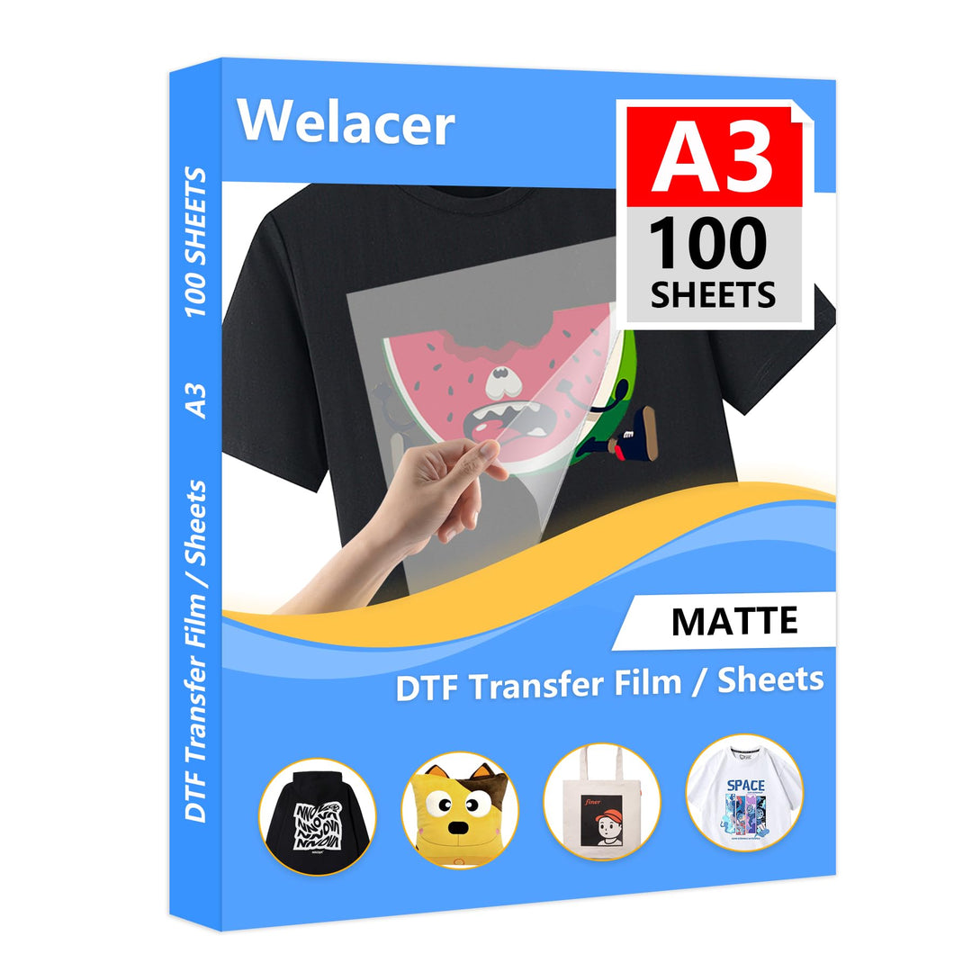 Welacer DTF Transferfolie Papier A3 (29.7cm x 42cm) 100 Blatt DTF Transfer Drucker für T-Shirt, klar