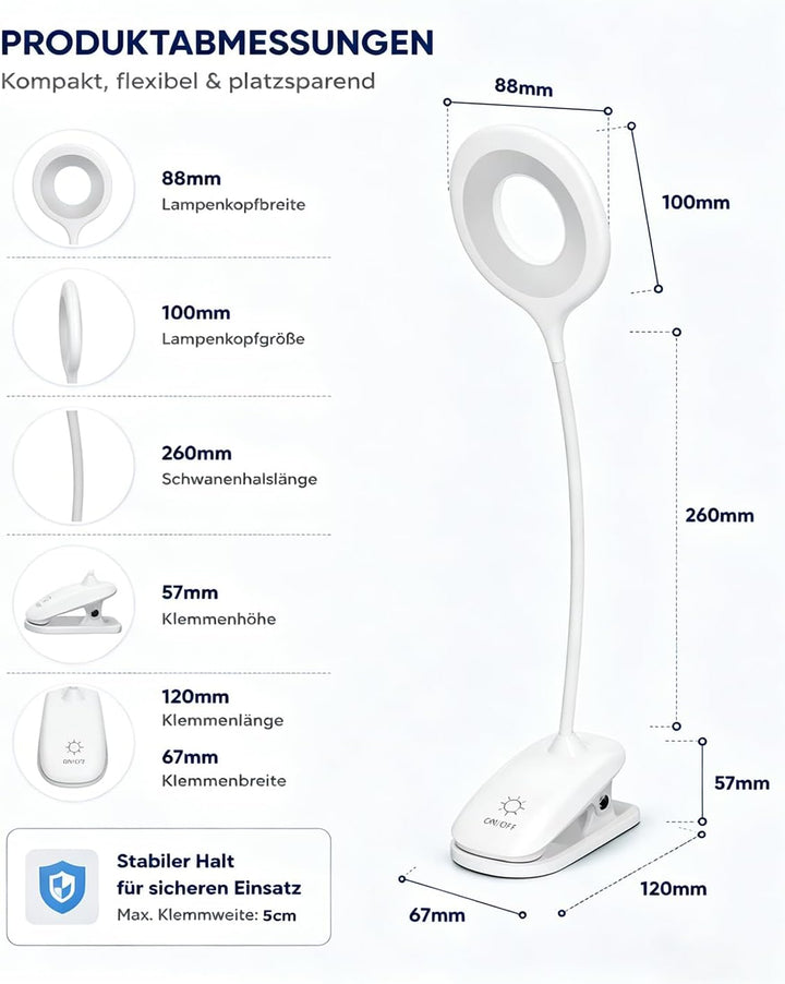 Klemmlampe Bett, LED Leselampe Bett Touch Dimmbar 3 Farben Bettlampe Klemmleuchte Augenschutz Schwan