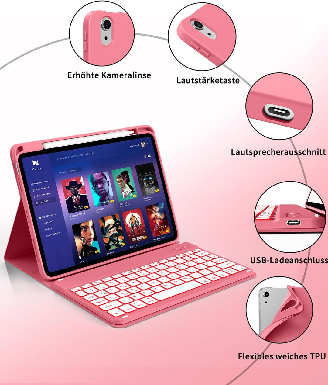 Hülle mit Tastatur für iPad A16 11/10 Generation (2025/2022, 11/10.9 Zoll) 7-Farben Beleuchtung Magn