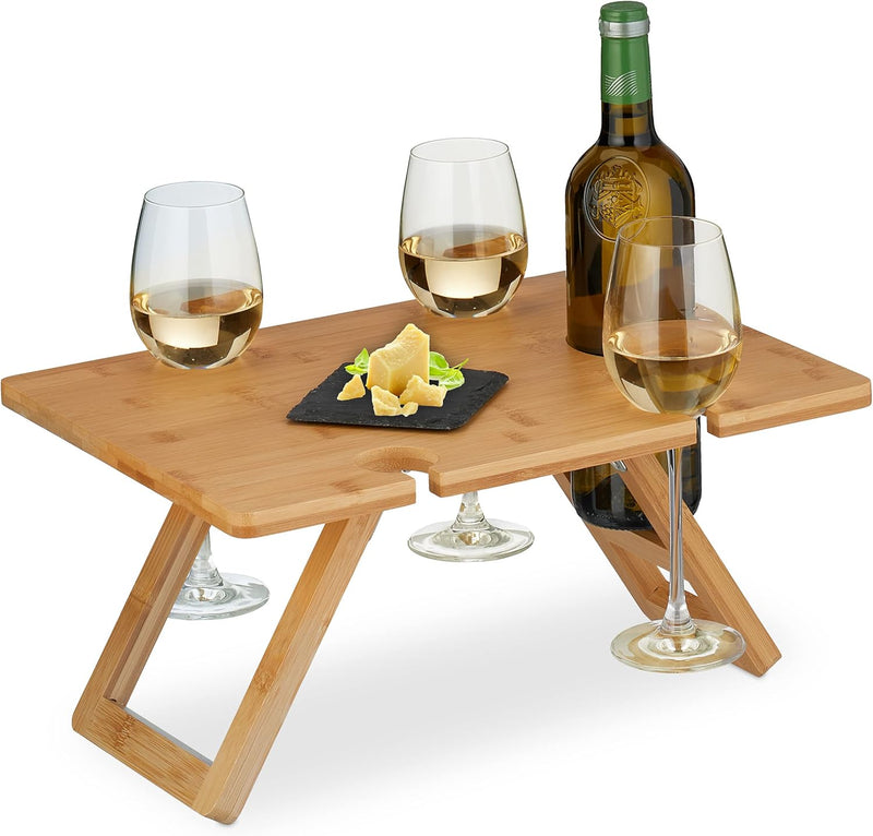 Relaxdays Picknick Weintisch, klappbar, HBT: 20x40x30 cm, Halterung 4 Weingläser & 1 Flasche, Bambus