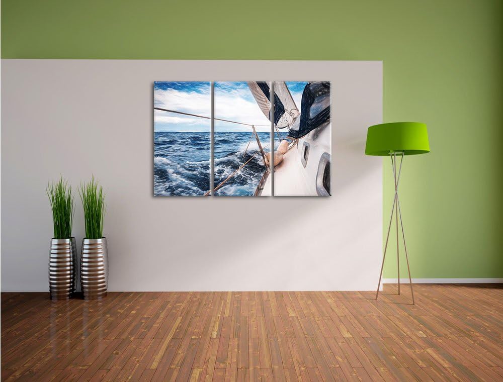 Pixxprint Die weissen Segel der Yacht Kunst Buntstift Effekt 3-Teiler Leinwandbild 120x80 Bild auf L