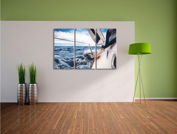 Pixxprint Die weissen Segel der Yacht Kunst Buntstift Effekt 3-Teiler Leinwandbild 120x80 Bild auf L