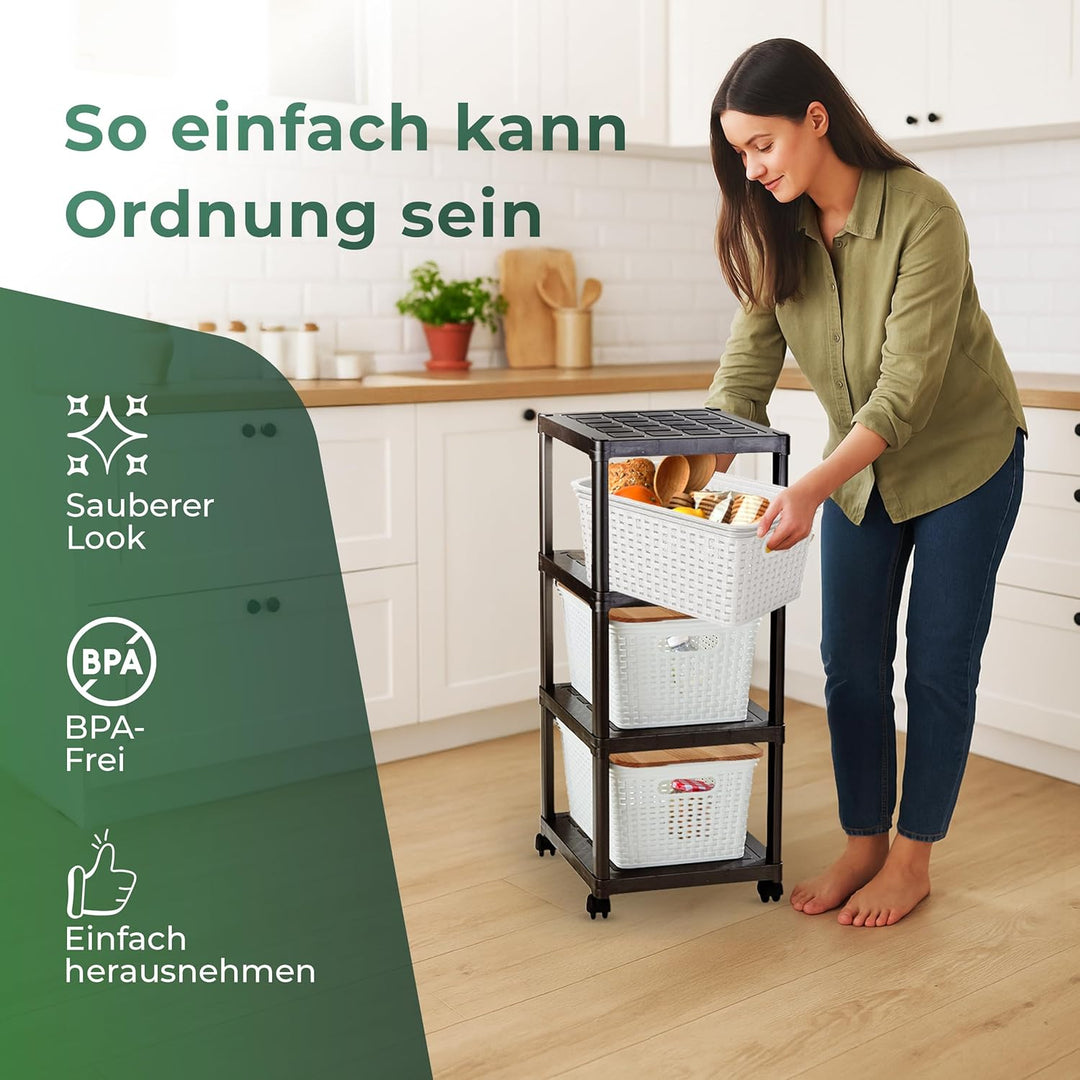 Novaliv Rollwagen 4 Etagen mit 3x Rattankorb & Holz-Deckel, Badezimmer-Regal Badregal Bad Küche, Ord